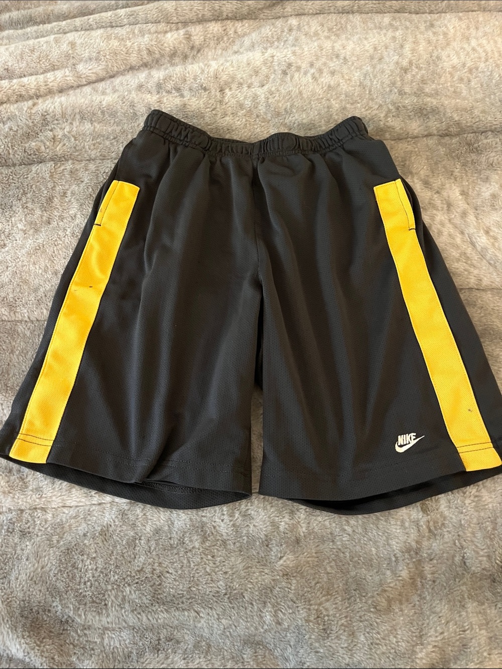 Nike Youth Dark Gray Athletic Shorts with Yellow Side Panels